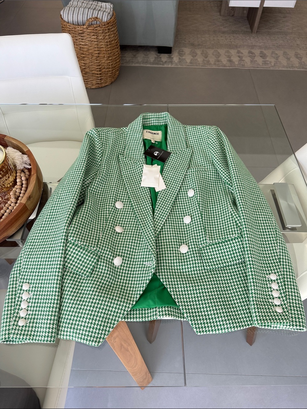 L'AGENCE Green & White Houndstooth Double-Breasted Blazer